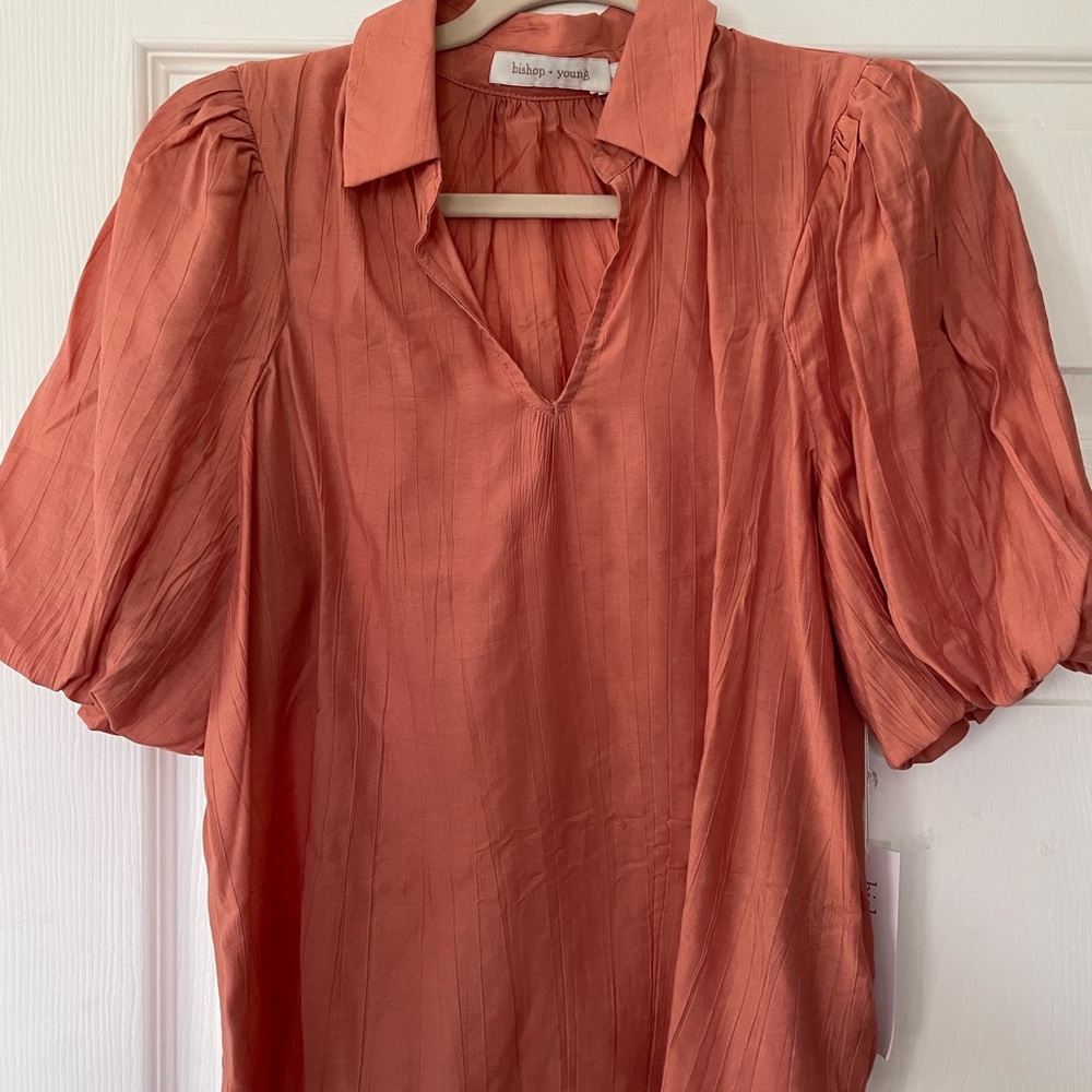 NWT Bishop And Young Sofia Fall Bubble Sleeve Top In rouje, small burnt orange